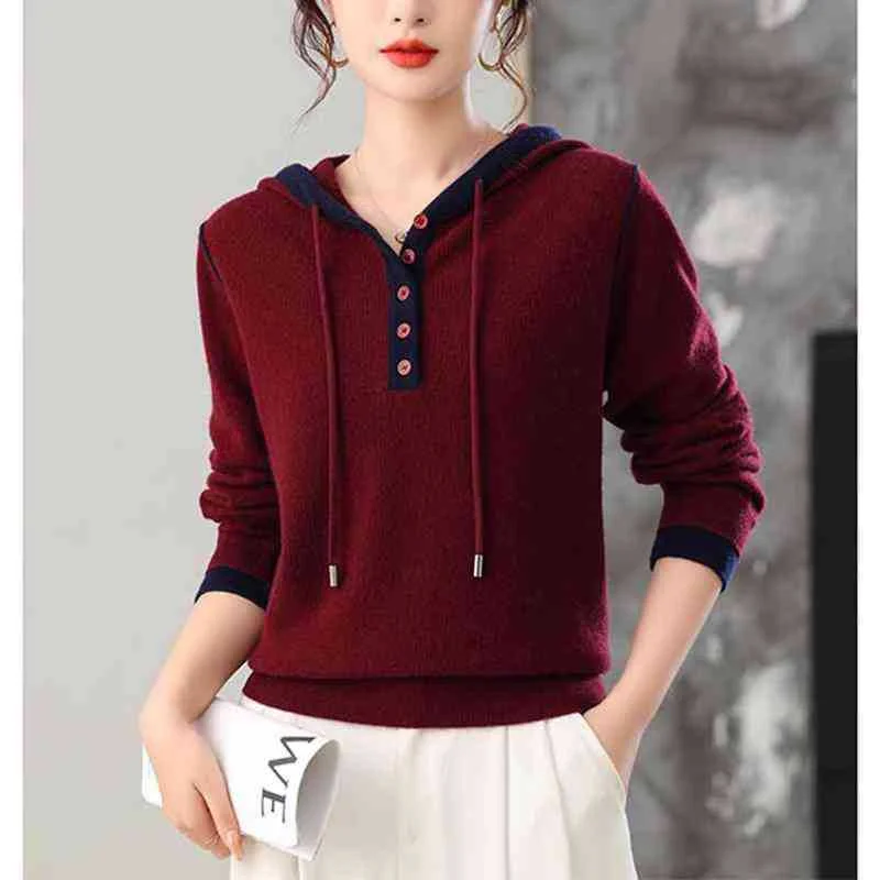 女性の春秋の新ファッションニットセーターフード付きカラーブロックファッションカジュアル多用途ルーズベースレイヤートップ