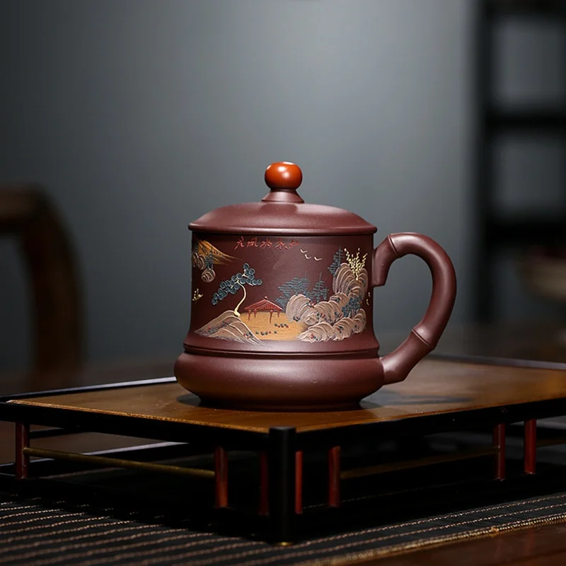 

Purple clay retro covered cup, handmade flower stacking with original mineral mud painting and covered purple clay tea cup