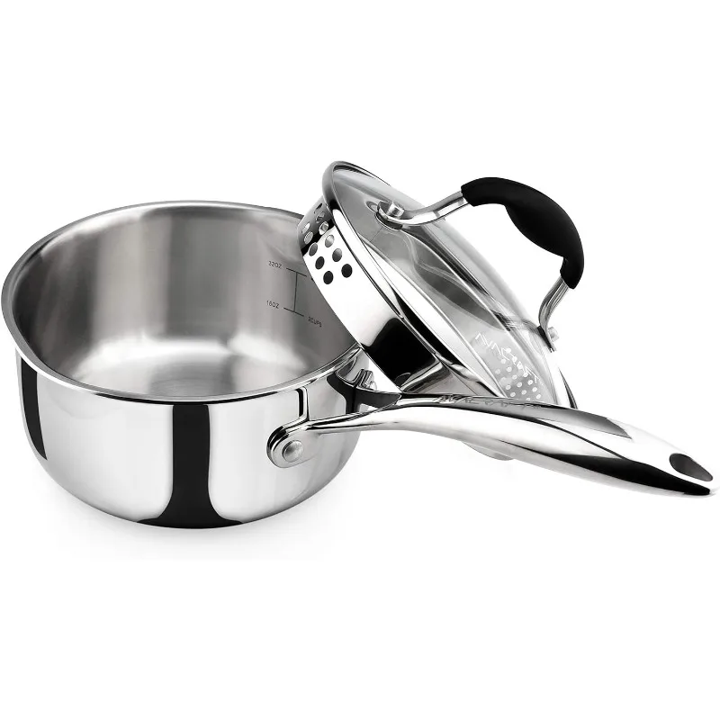 

AVACRAFT Tri-Ply Stainless Steel Saucepan with Glass Strainer Lid, Two Side Spouts, Ergonomic (Tri-Ply Full Body, 1.5 Quart)