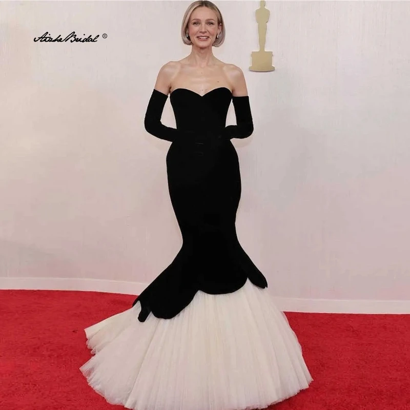 

Два цвета Милая Раструб Вечерние платья с перчатками Черно-белое платье знаменитости Бархатное вечернее платье для выпускного вечера на заказ