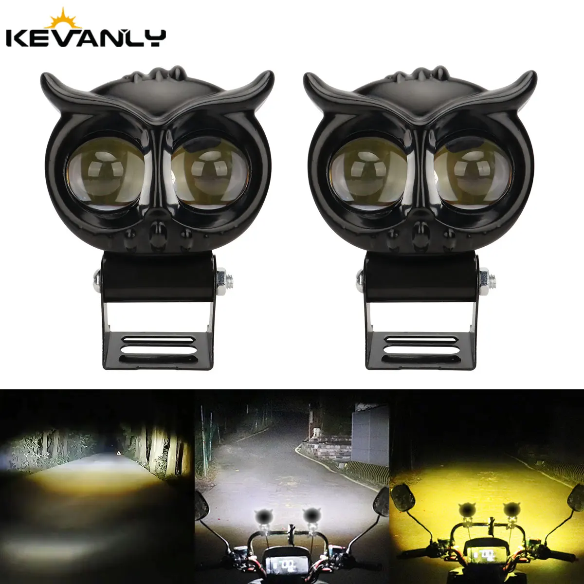 2PCS Motorcycle Owl Design Spotlights Led Headlights Dual Color 4 Modes 2 Lens Auxiliary Spotlights Driving Universal