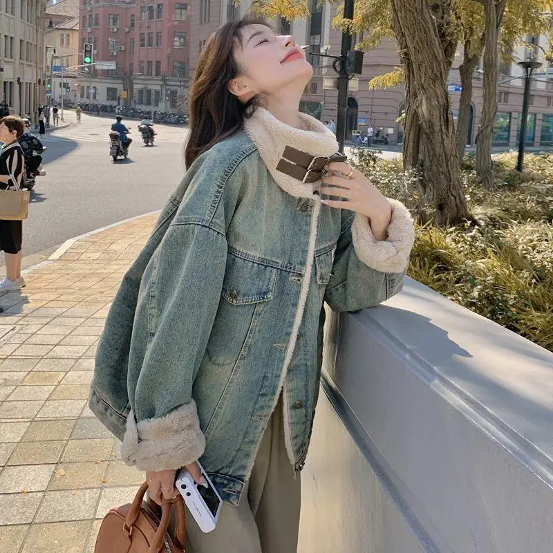 Abrigo de vaquero americano para mujer, Parka gruesa con forro polar de invierno, Chaqueta de algodón holgada, prendas de vestir exteriores, abrigos cálidos informales, 2025