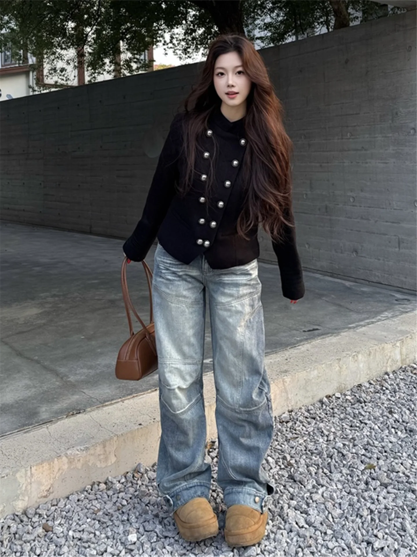 

American Retro Street Style Wide Leg High Waist Jeans Women Spring Patchwork Split Line Wash Design Casual Loose Fit Blue