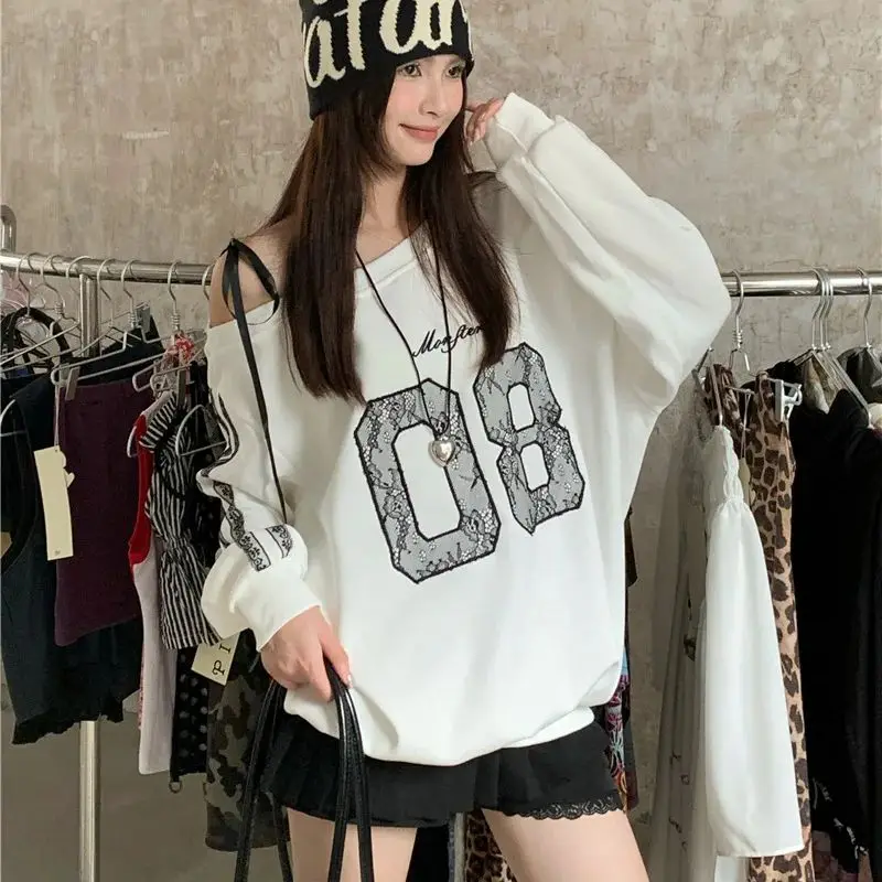 2024 Autumn American Retro Loose Slimming Skew Neck Heavy Embroidery Lace Jersey Sweatshirt Women