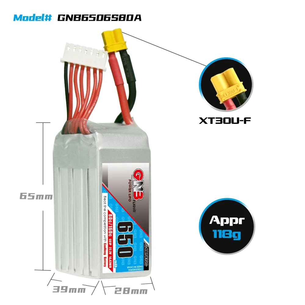 GAONENG GNB 650mAh 6S 80C 160C 22.2V XT30 LiPo Battery Square Type Spare RC Parts Airplane Racing FPV Quadcopter MultiRoter