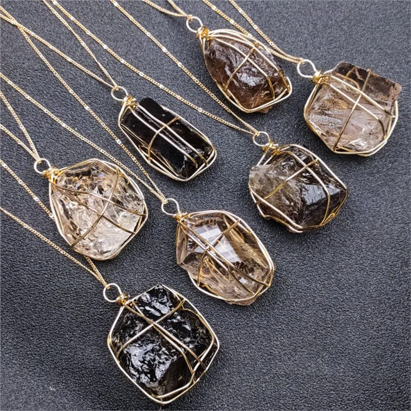 Natural crystal stone winding pendant large grain irregular ore necklace dark light tea crystal sweater chain Vintage Jewelry