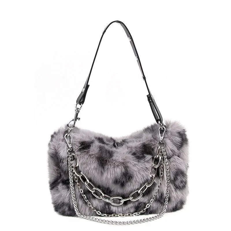 

Women's New Faux Fur Leopard Print Shoulder Bag Fluffy Chain Top Handle Clutch Purse for Autumn Winter