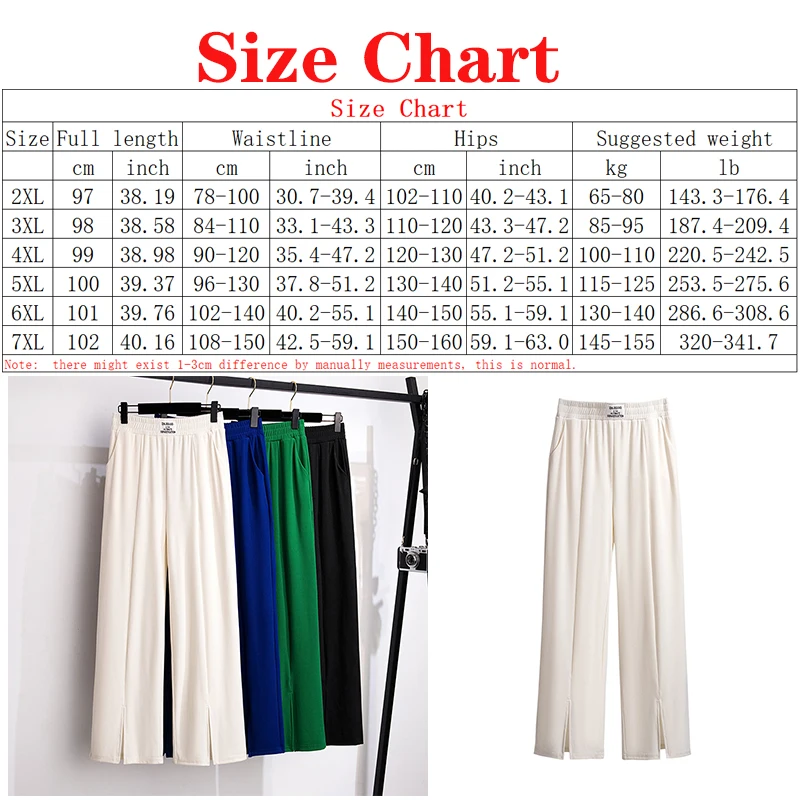 100/150kg  Big Size Straight Pants Women\'s Show Thin Summer High Waist Split Pants Oversized Loose Ice Silk Pants 5XL 6XL 7XL