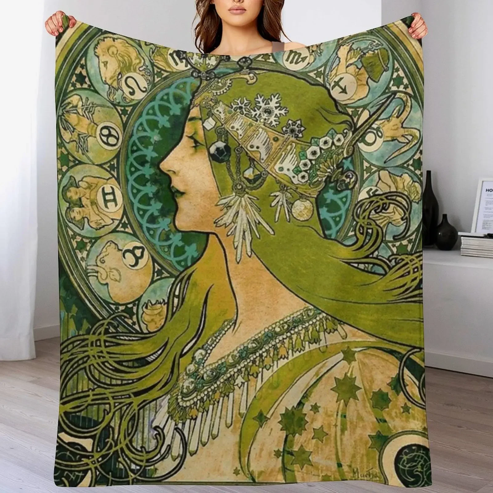 

Mark - Emerald Green Alphonse Mucha Throw Blanket Sofa Quilt Bed covers Baby Blankets