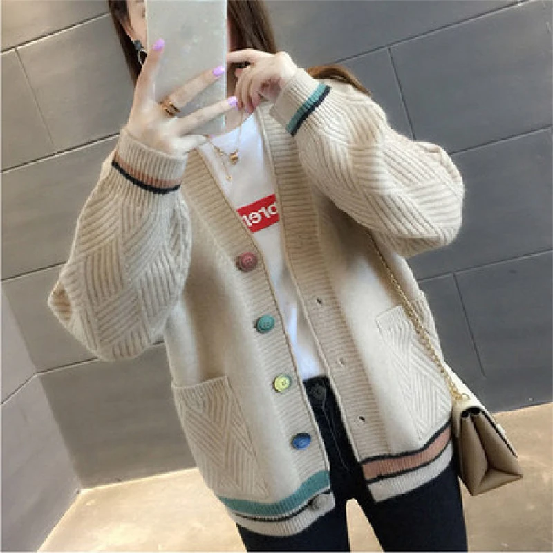 Women\'s Korean Casual Streetwear Y2K Pockets Button Knitted Cardigan Autumn Winter Trendy Chic V Neck Long Sleeve Sweater Coats