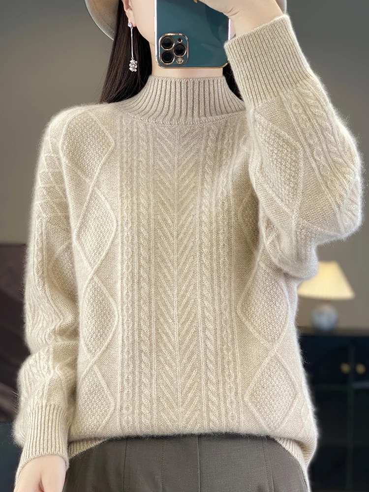 New Women Thick Sweater Autumn Winter Mock Neck Long Sleeve Pullover 100% Merino Wool Twist  Cashmere Knitted Female Clothes