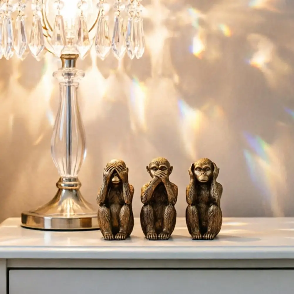 3 Wise Monkey Resin Sculpture Hear See Speak No Evil Spiritual Animal Figurine Decor for Meditation Space Office Shelf view 5