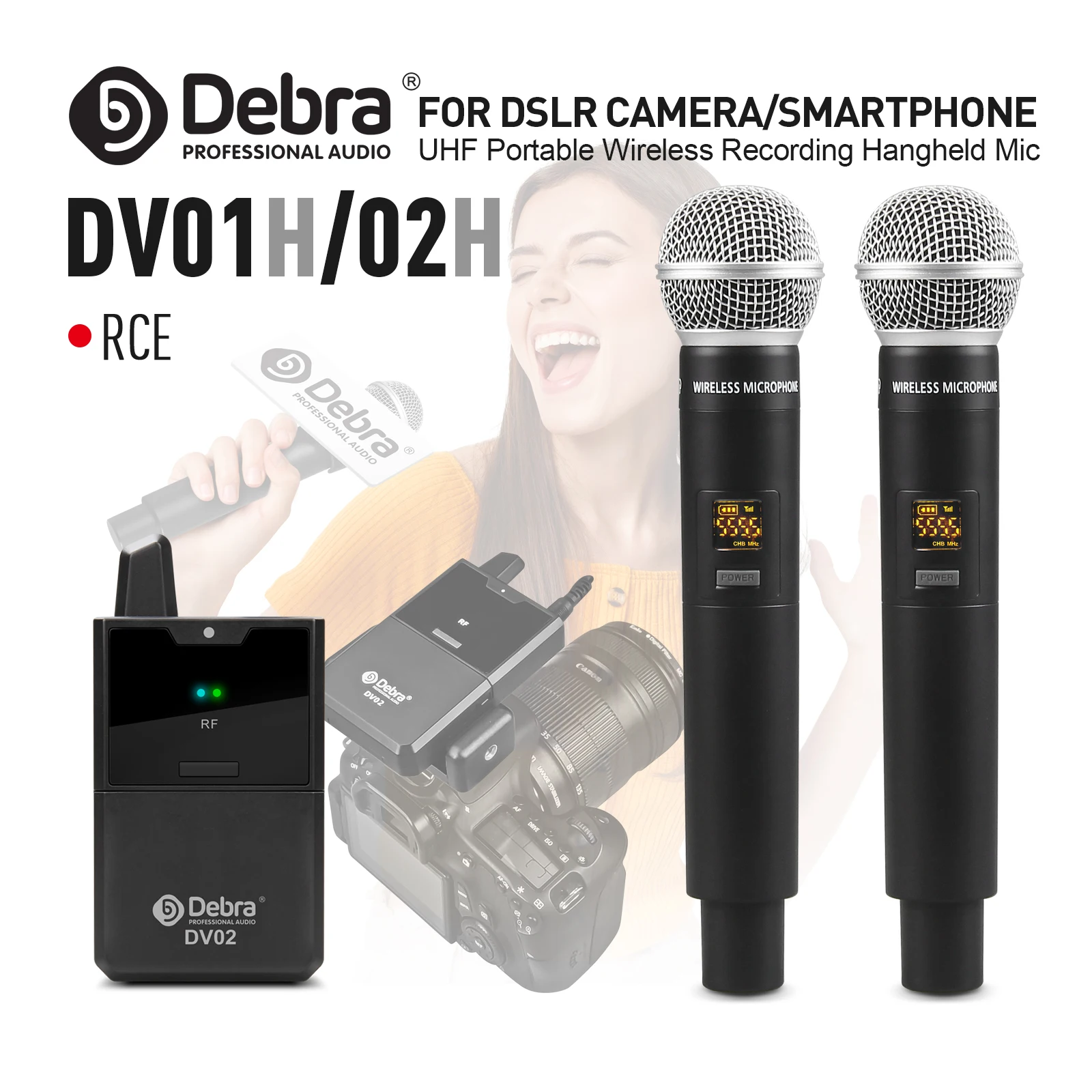 DV01/02 UHF Wireless Handheld Microphone Multi-frequency selectable with audio monitor for smartphone, DSLR camera, camcorder