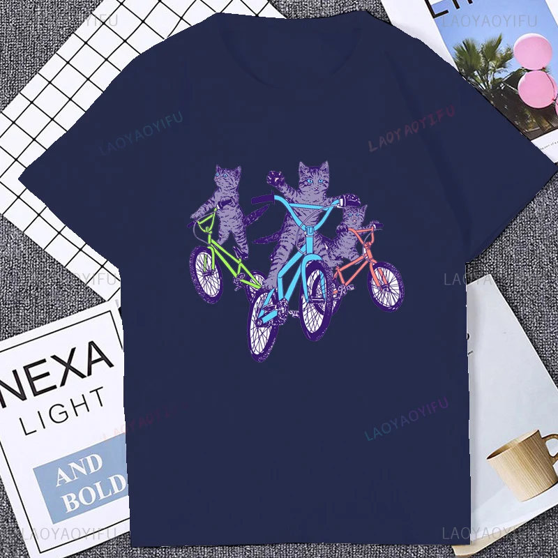 Kawaii مضحك القط الكرتون المطبوعة BMX الدراجة الجرافيك التي شيرت عادية موضة Harajuku الهيب هوب رجل تي شيرت التنفس الراحة القطن تيز #4