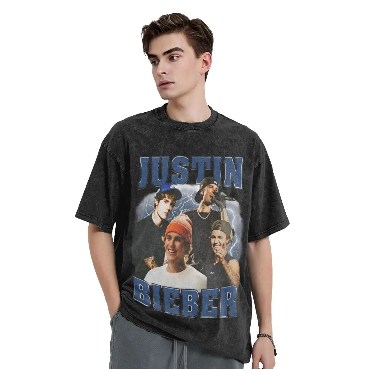 Retro Justin Bieber Washed T Shirts Streetwear Fashion T-Shirt Tee Shirt Men Women 100% Cotton High Street Graphic Printed