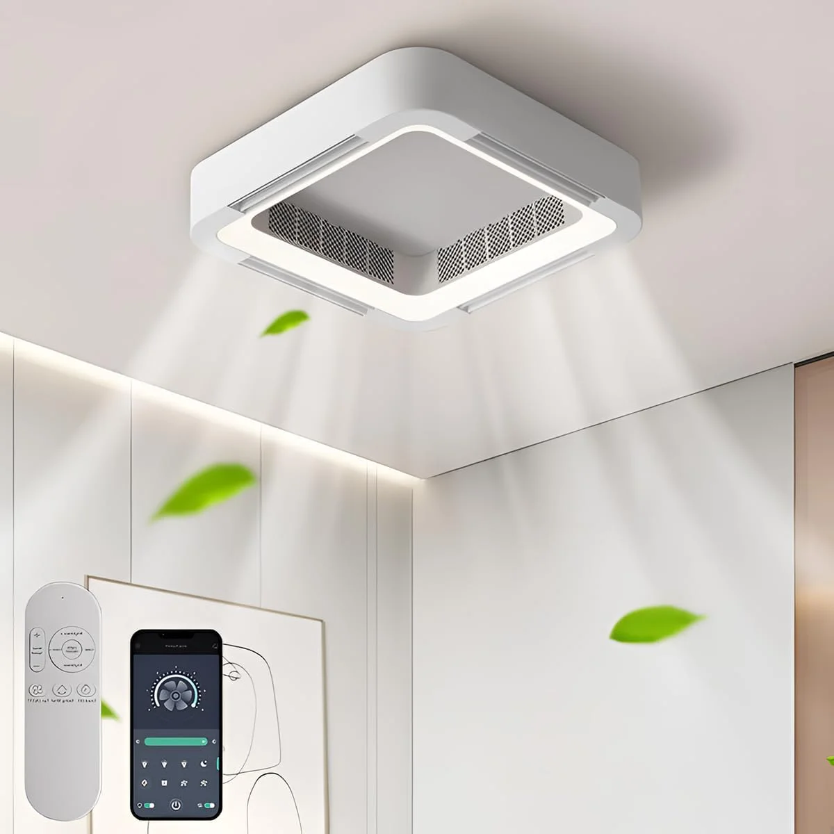 

Bladeless Ceiling Fan Light Flush Mount Smart APP Control Dimmable Square Led Ceiling Fan with Light and Remote