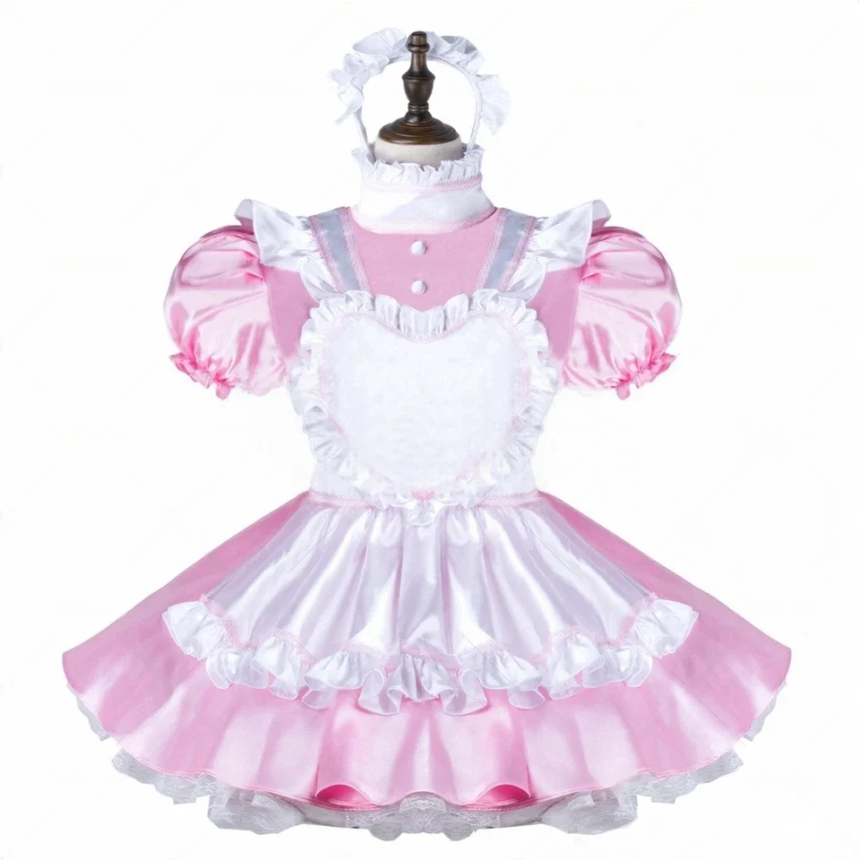 Sexy Sissy French maid pink satin heart-shaped chest, lockable ruffle edge cosplay costume customizable view 2