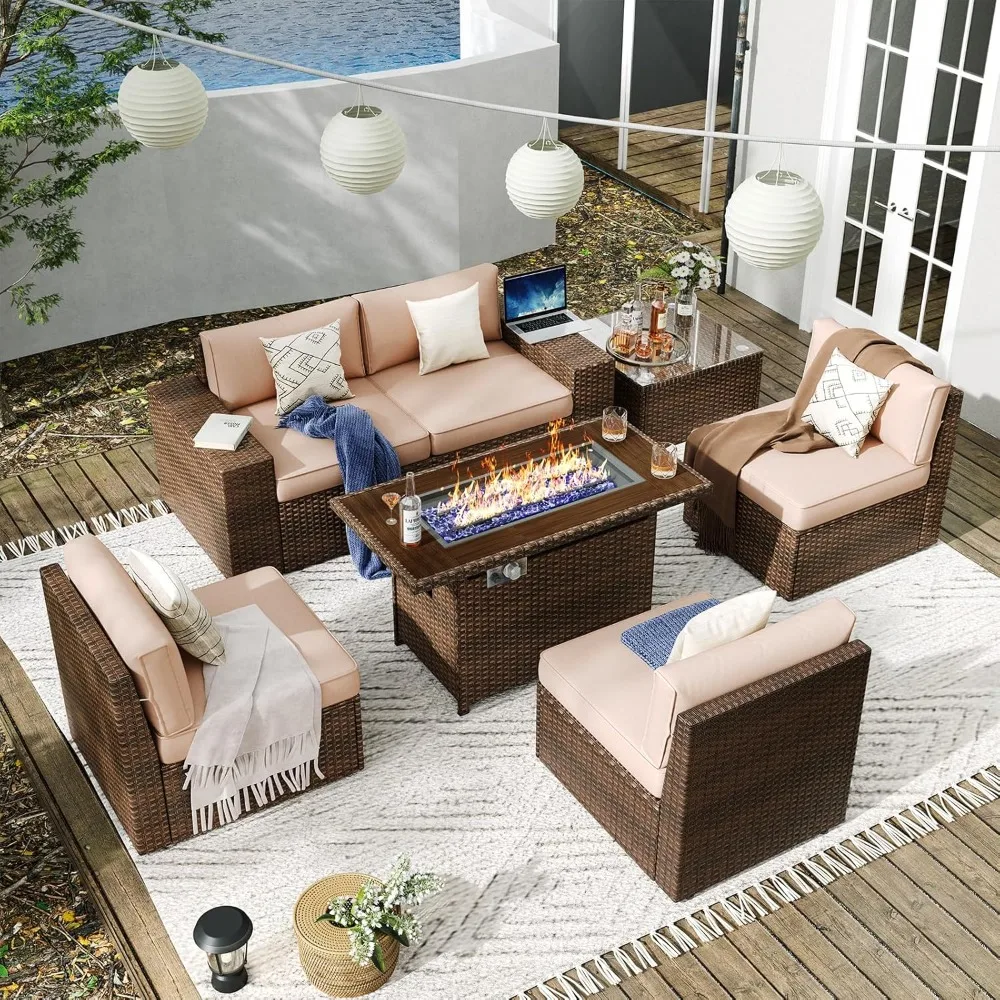 

7 Pieces Patio Furniture Set Outdoor Wicker Rattan Furniture 44” Fire Pit Table Outdoor Sectional Sofa Include Waterproof Cover