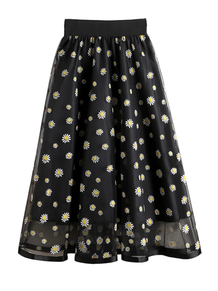 Zomer Hoge Taille Lange Fairy Vrouw Rok Elegent Daisy Print Mesh Rok Voor Vrouwen Chic Vrouwelijke Geplooide Tule Rokken Mujer faldas