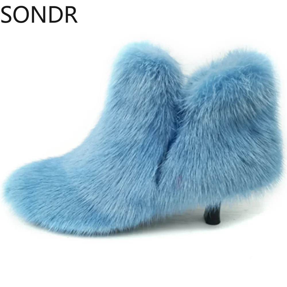 Womens Genuine Mink Fur Leather Furry Ankle Boots Stilettos High Heel Luxury Shoes Custom Made Candy 11 Color Australia