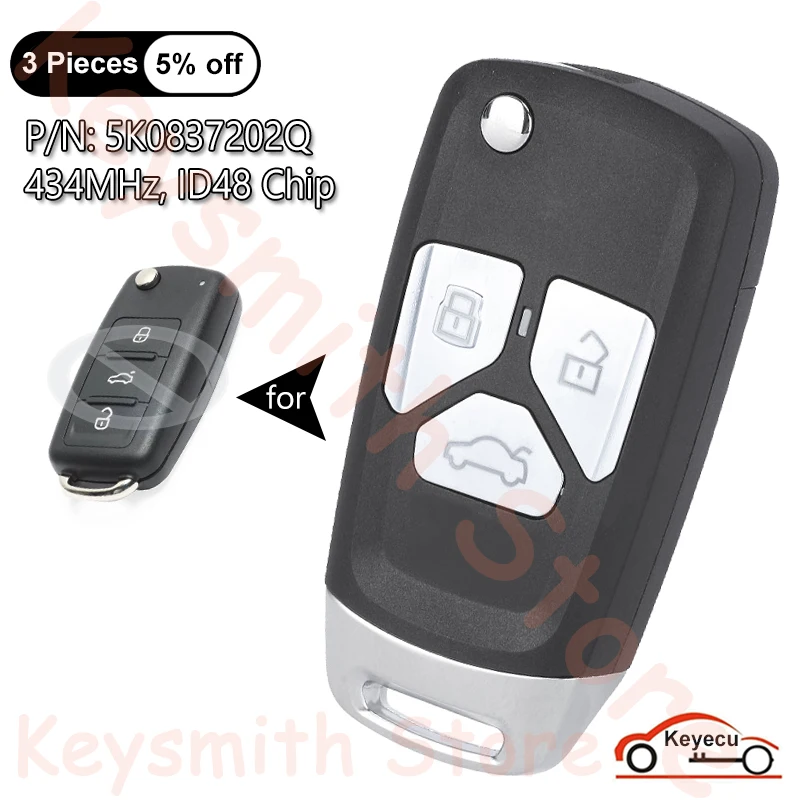 

KEYECU 3 Buttons 434MHz ID48 Chip for Volkswagen Beetle Caddy Golf Jetta 2011 2012 2013 Upgraded Flip Remote Key Fob 5K0837202Q