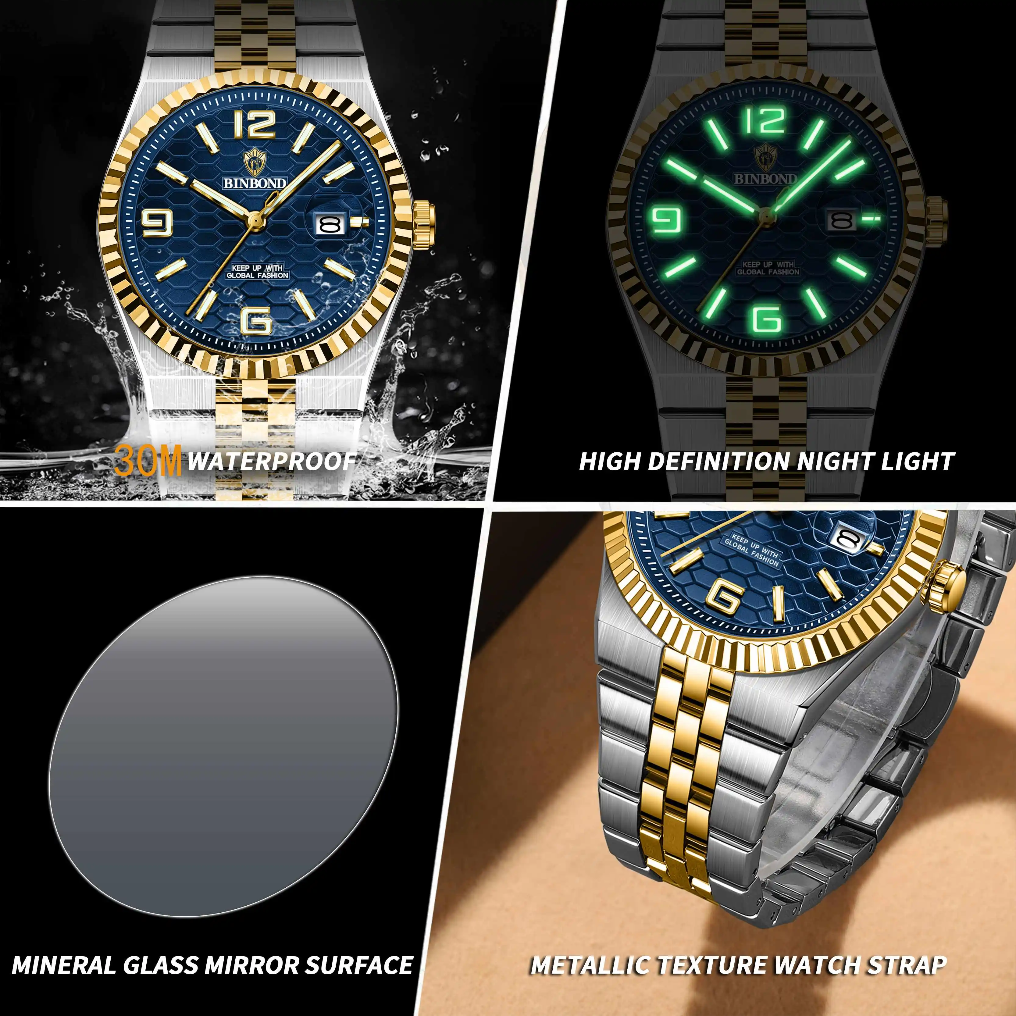 Binbond original militar homem relógio de pulso quartzo semana data relógio para homem à prova dwaterproof água luminosa aço inoxidável relógios masculinos reloj