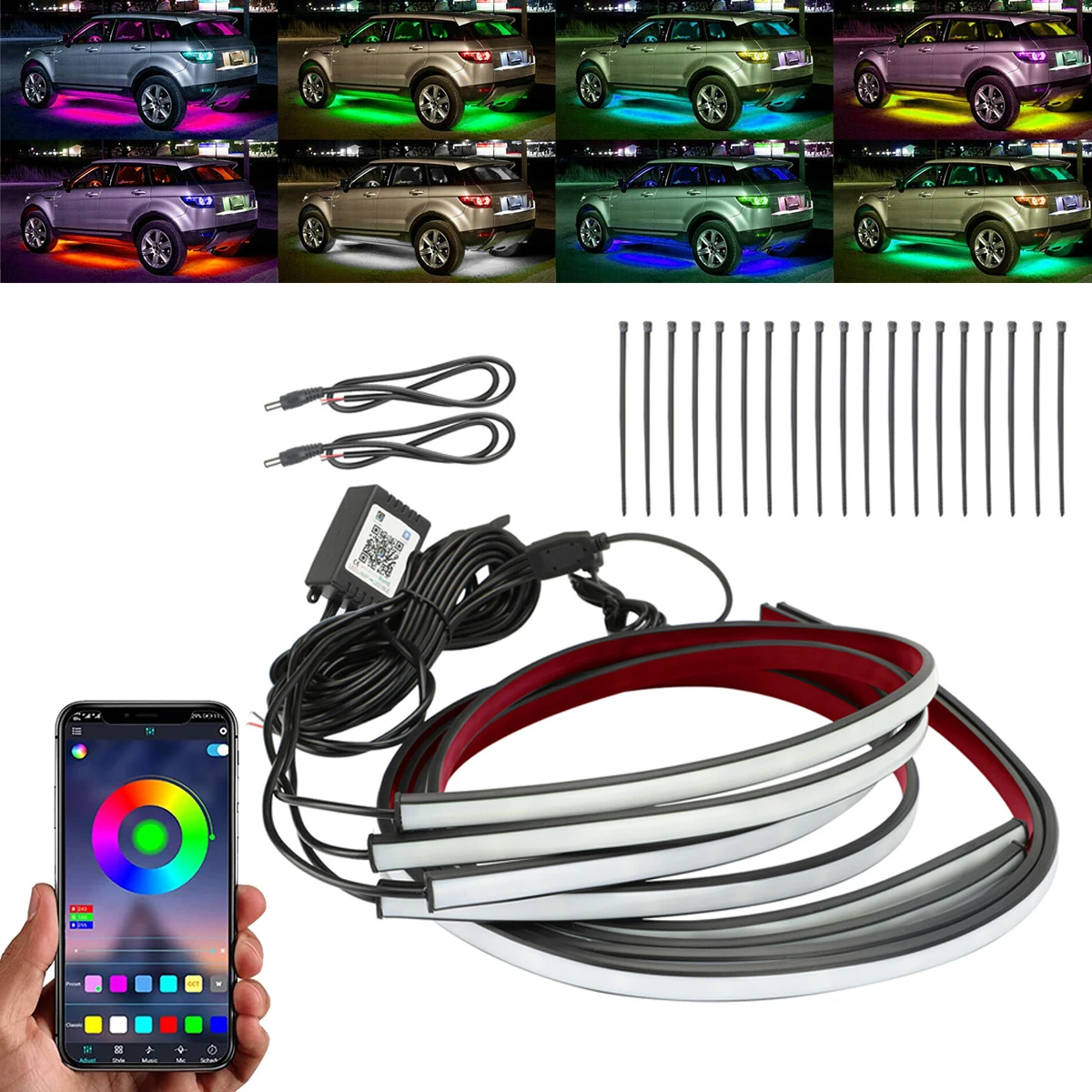 4PCS 60*90cm For Car Underglow Flexible Strip Light LED APP Music Control RGB Tube Underbody Neon Decorative Atmosphere Lamp 12V