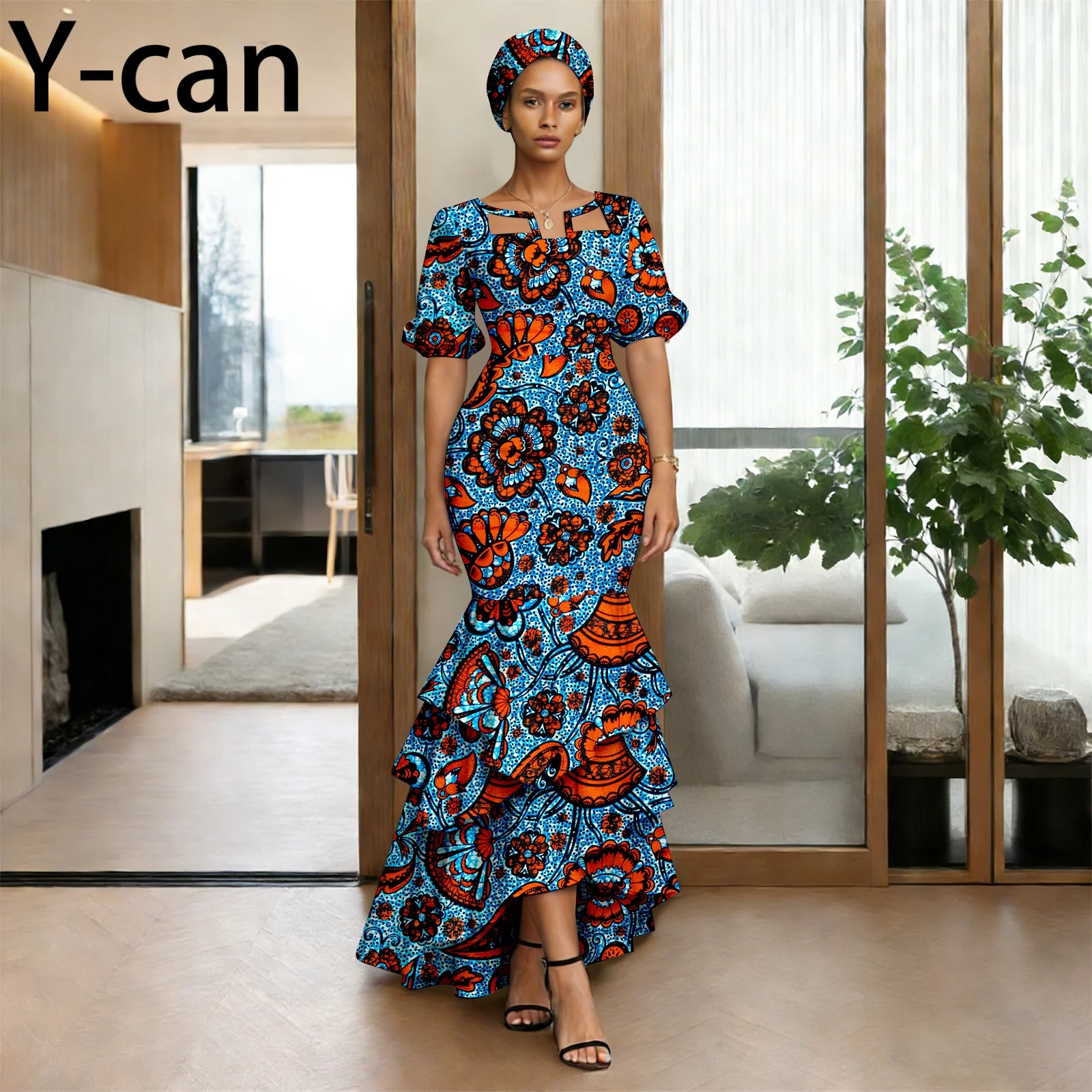 

Африканское платье-дашики для женщин с коротким рукавом, ажурное, вечернее, свадебное, с принтом в стиле Анкара, с головным убором 2626022