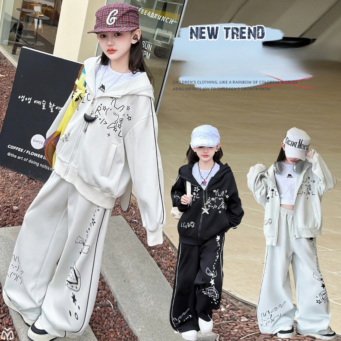 spring teen girl sportwear clothes set Graffiti Loose Hooded Cardigan jacket wide-leg pants 2pc junior kid Sweatshirt pants suit