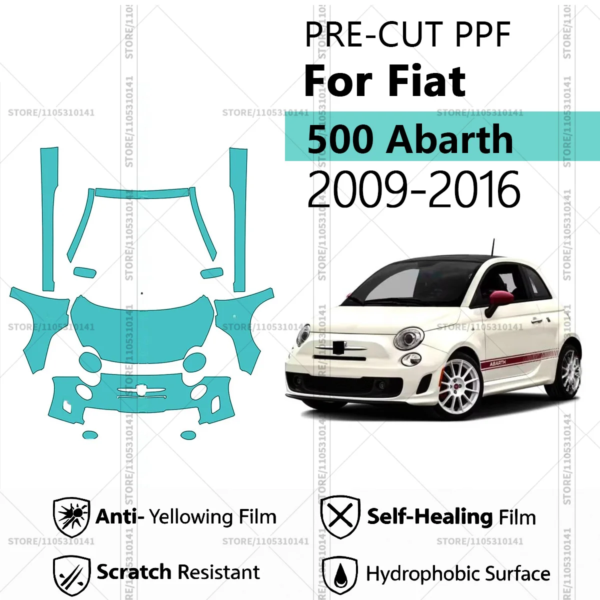 

Для Fiat 500 Abarth 2009-2016: Предварительно вырезанная прозрачная защитная пленка PPF для автомобиля, профессиональная автомобильная пленка PPF