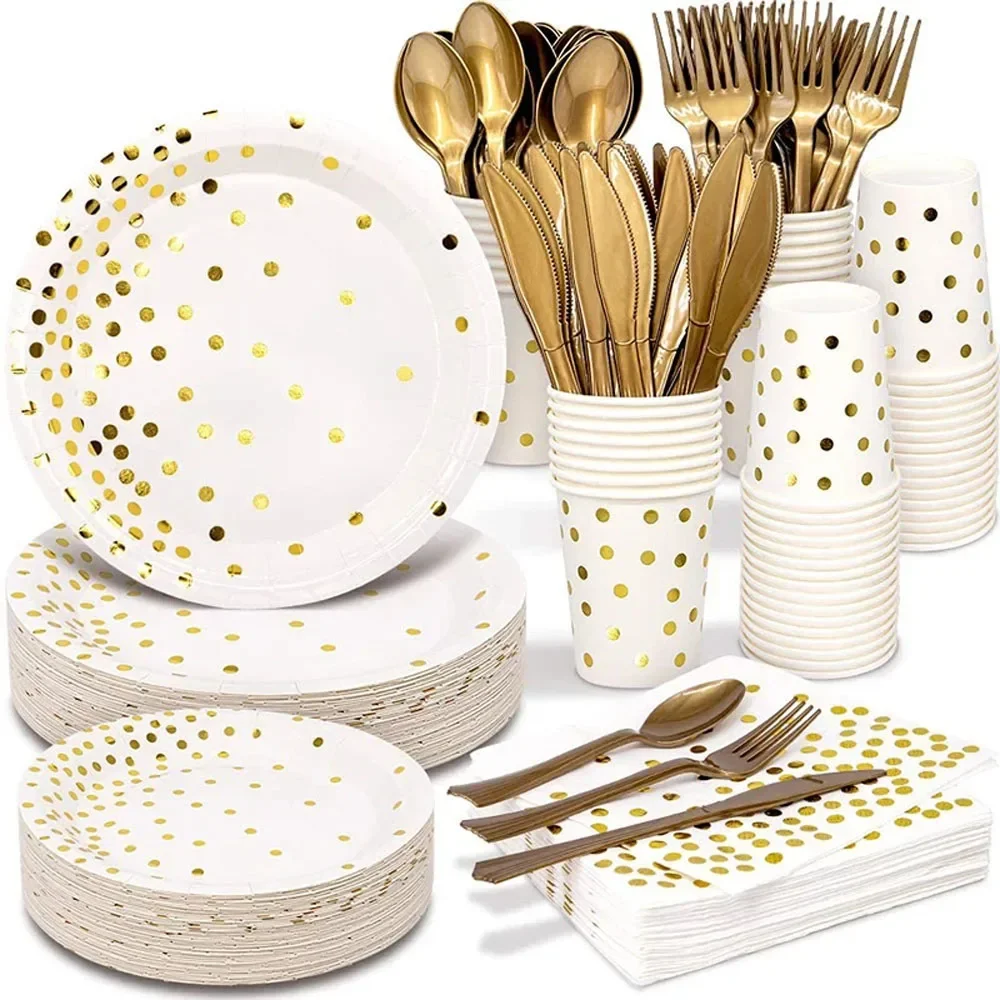 

White Golden Dots Disposable Tableware Set Decoration Napkins Paper Plates for Baby Shower Birthday Party Supplies