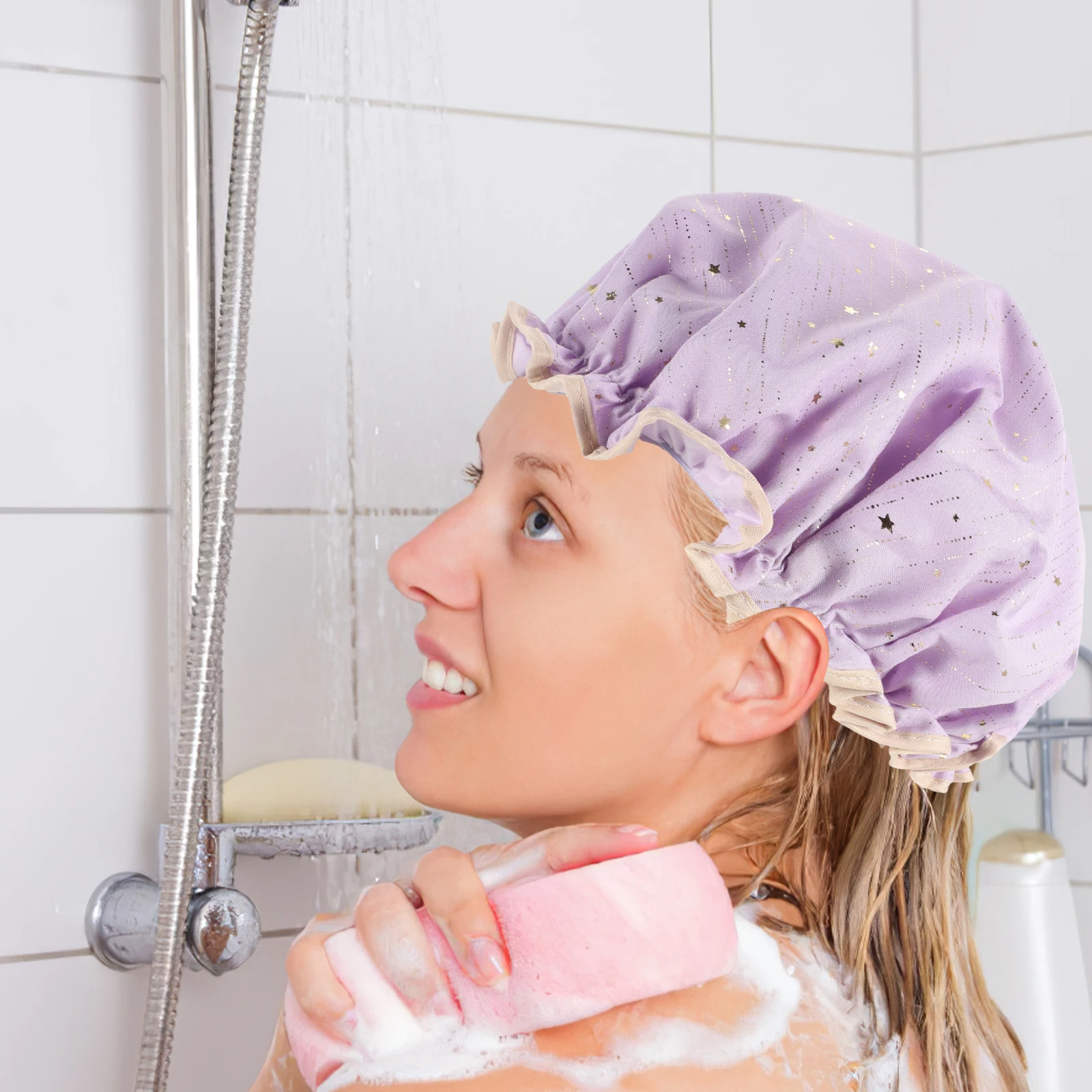 

2Pcs ShowerCaps DoubleLayer BathingHats Reusable Waterproof HairDrying ShowerHat Women PEVA Polyester