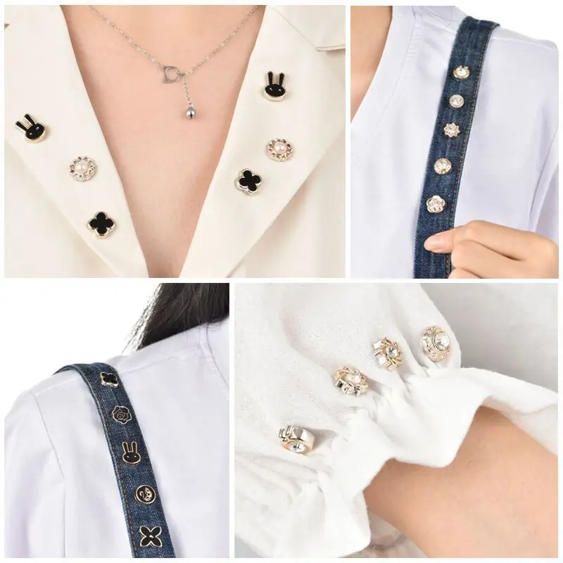 Charm Pearl Rhinestones Circle Brooch PU Button Collar Cardigan Shawl Buckle Set For Women DIY Scarf Coat Hijab Brooches Pins