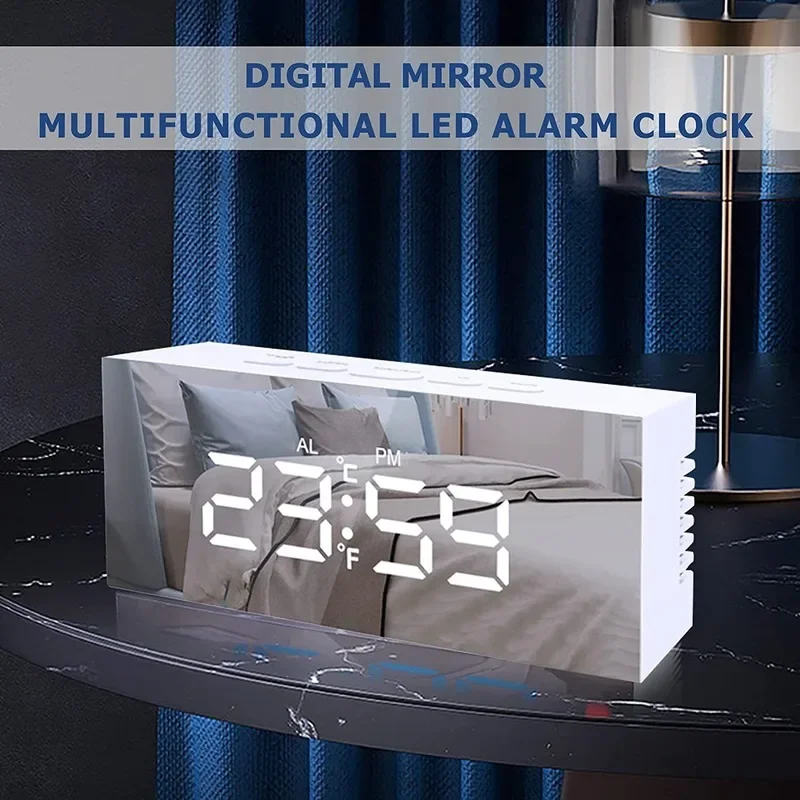 

Mirror Alarm Clock Temperature Date 2 Display Mode Night Mode Snooze Table Clock 3 Level Brightness USB LED Digital Clock