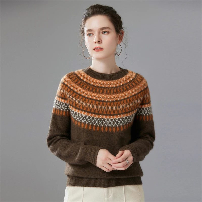 100% Geit Kasjmier Vrouwen Vintage Stijl Ronde Kraag Trui Faire Isle Jacquard Trui Herfst Winter Pure Kasjmier Trui