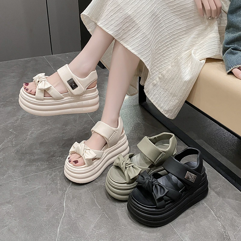 High Platform Sandals Women 2024 Summer Breathable 8CM High Heels Ladies Leather Sneakers Wedges Chunky Slippers Sandalias Mujer