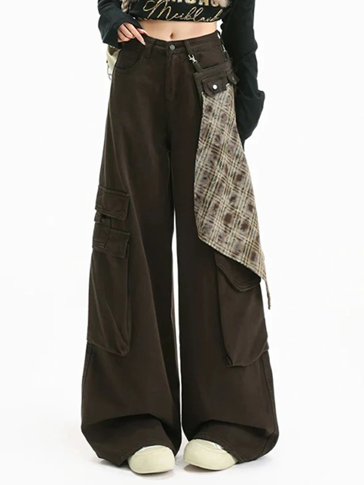Y2K Vintage Jeans Women Coffee High Waist Workwear Wide Leg Loose Floor Length High Street