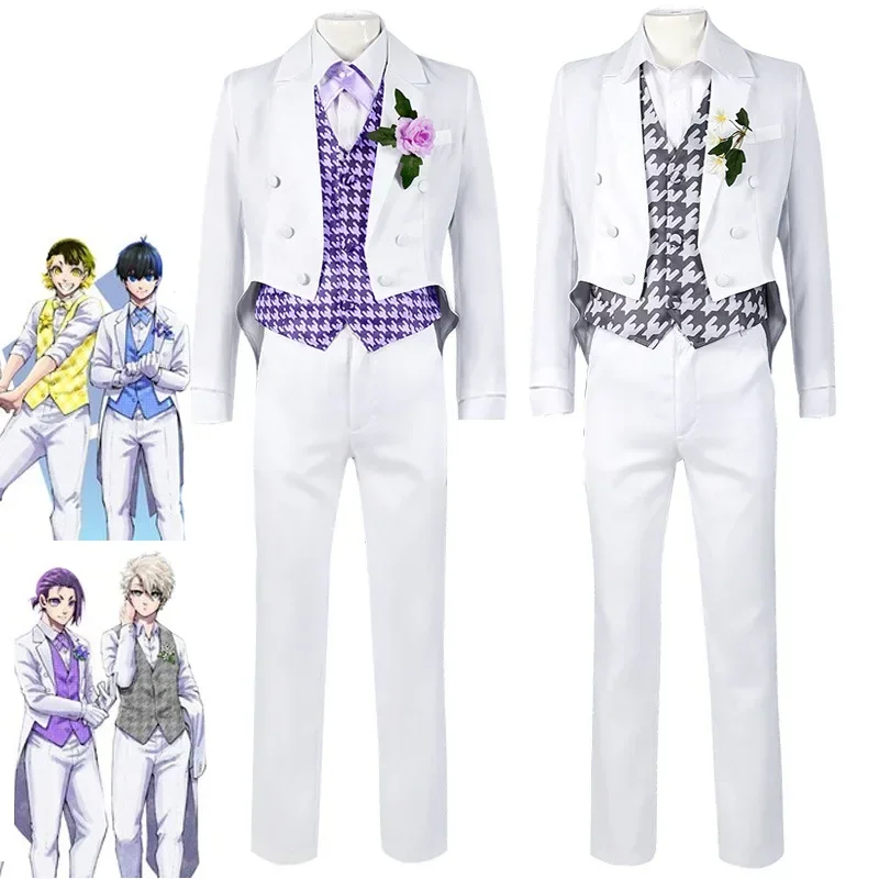 Bloqueio Azul Anime Cosplay Traje, Tailcoat Terno, Uniforme Branco, Exposição Tailcoat, Peruca Barang, Festa Conjunto Completo, Novo