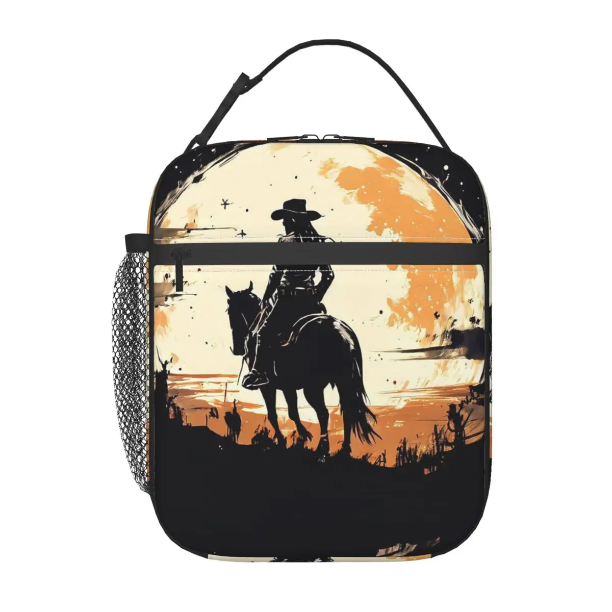 Black And White Western Cowgirl Riding A Horse Insulated Lunch Bag for Women Kids Portable Food Boxes Thermal Lunch Box Tote