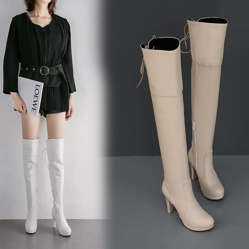 Winter Women Thigh-high Platform Boots High Spike Heels Black White Party Club Ladies Round Toe Zipper Sexy Long Over Knee Boots