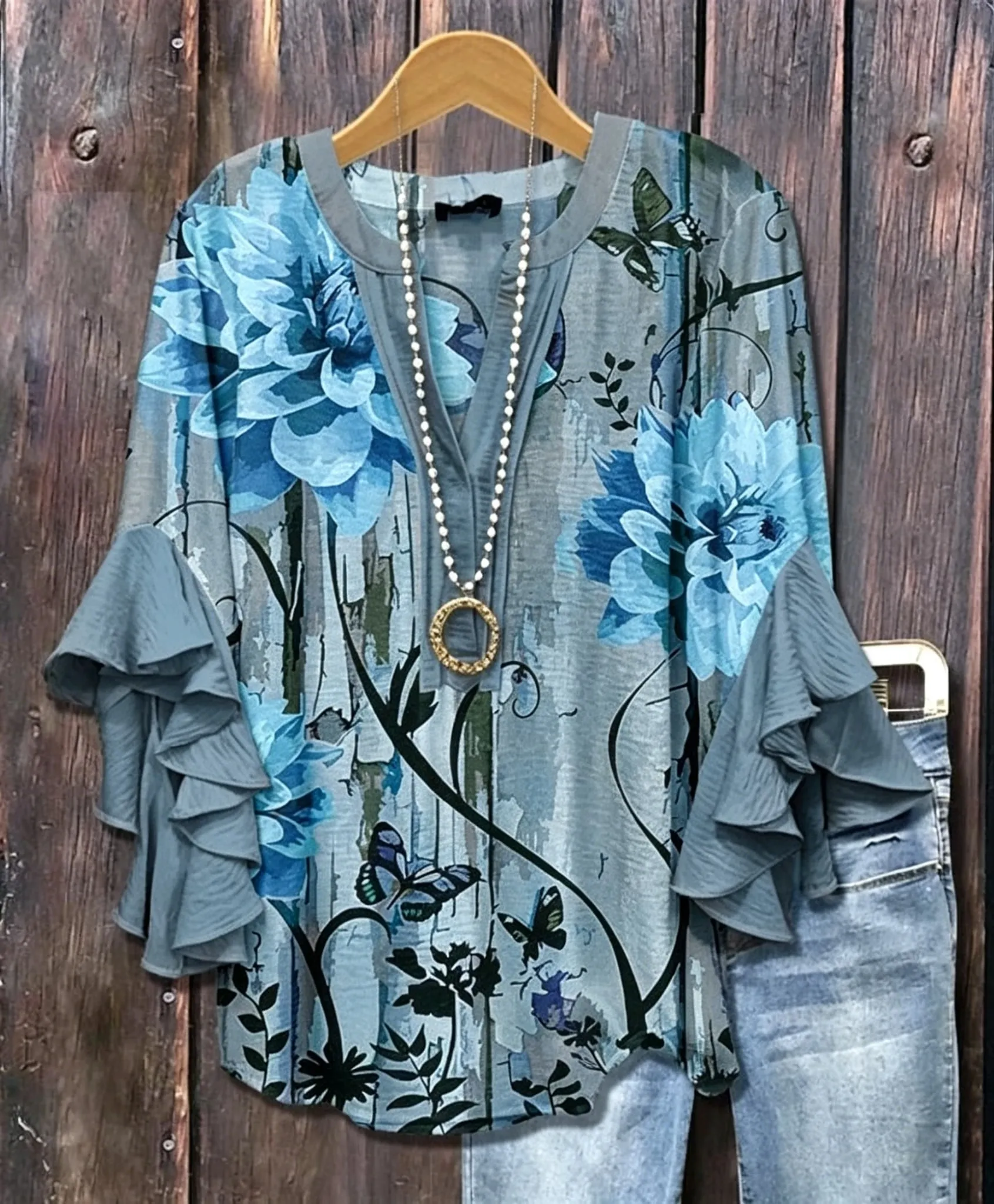 Women's V Neck Ruffle Half Sleeve Floral Butterfly Print Blouse, Casual Daily Holiday Tops Beige Brown Spring Summer