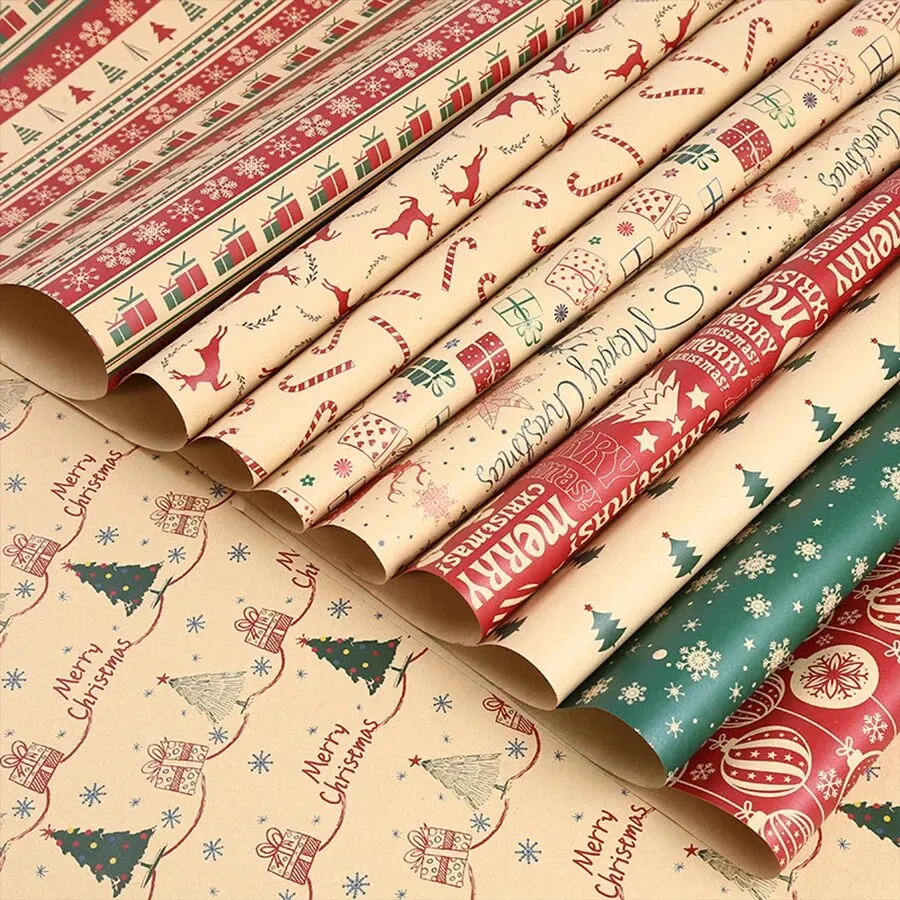 6pcsMixed Random 6pcsChristmas Gift Wrapping Paper Birthday Gift Wrapping Paper DIY Kraft Paper New Year Party Gift Paper