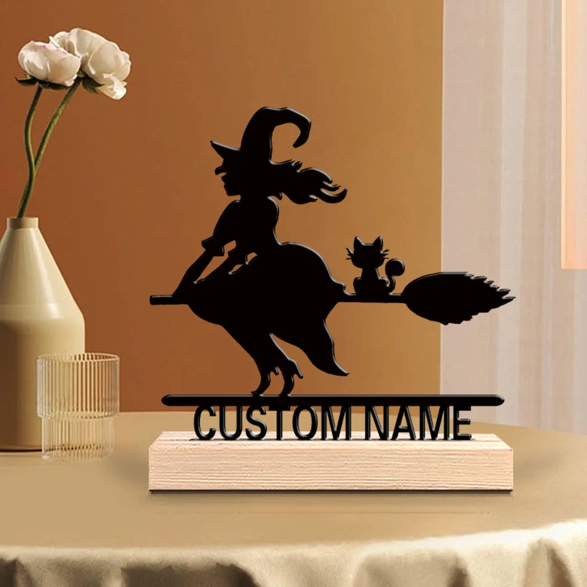 1pc Cute Personalized Custom Witch Metal Statues Elegant Wooden Base Decor for Living Room, Hotel Lobby, Luxury Home Accent