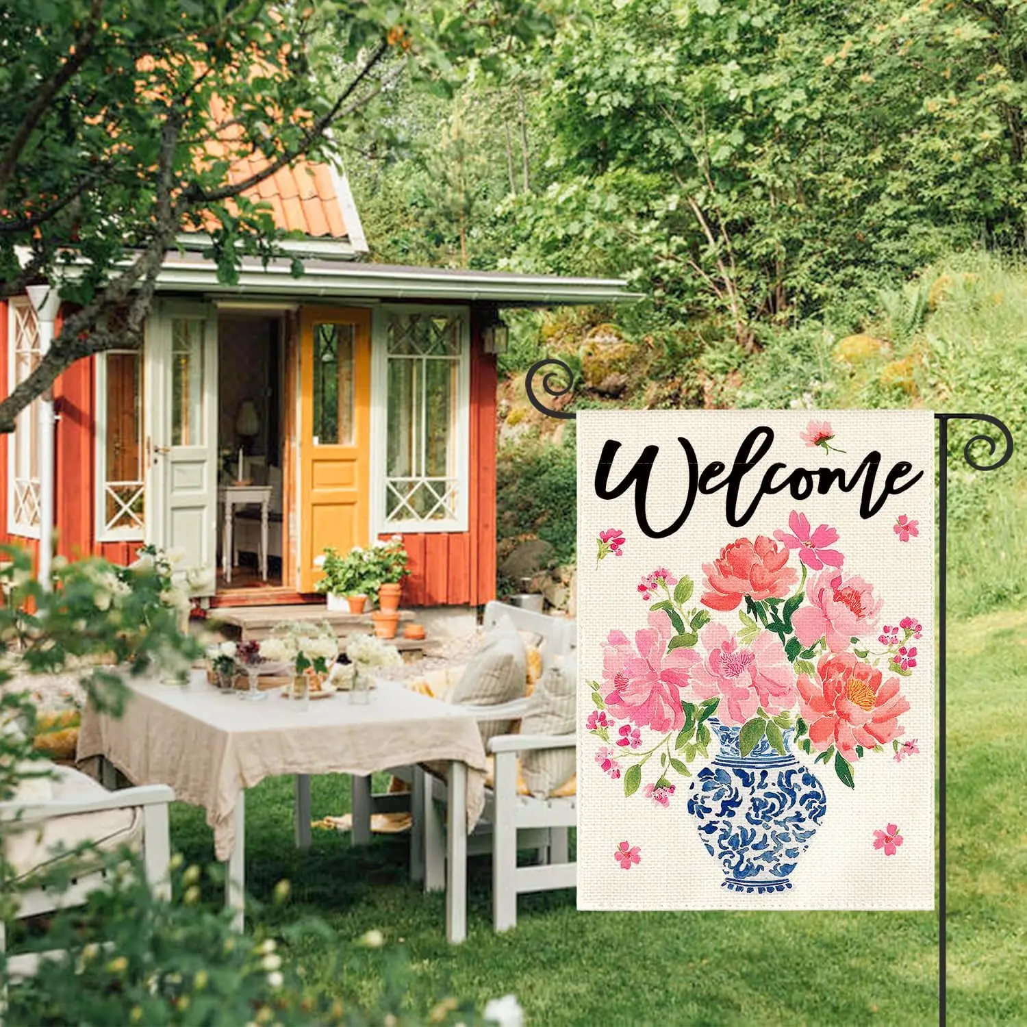 AVOIN colorlife Pink Peony Spring Floral Garden Flag 12x18 Inch Double Sided Outside, Blue and White Chinoiserie Seasonal We PPZ