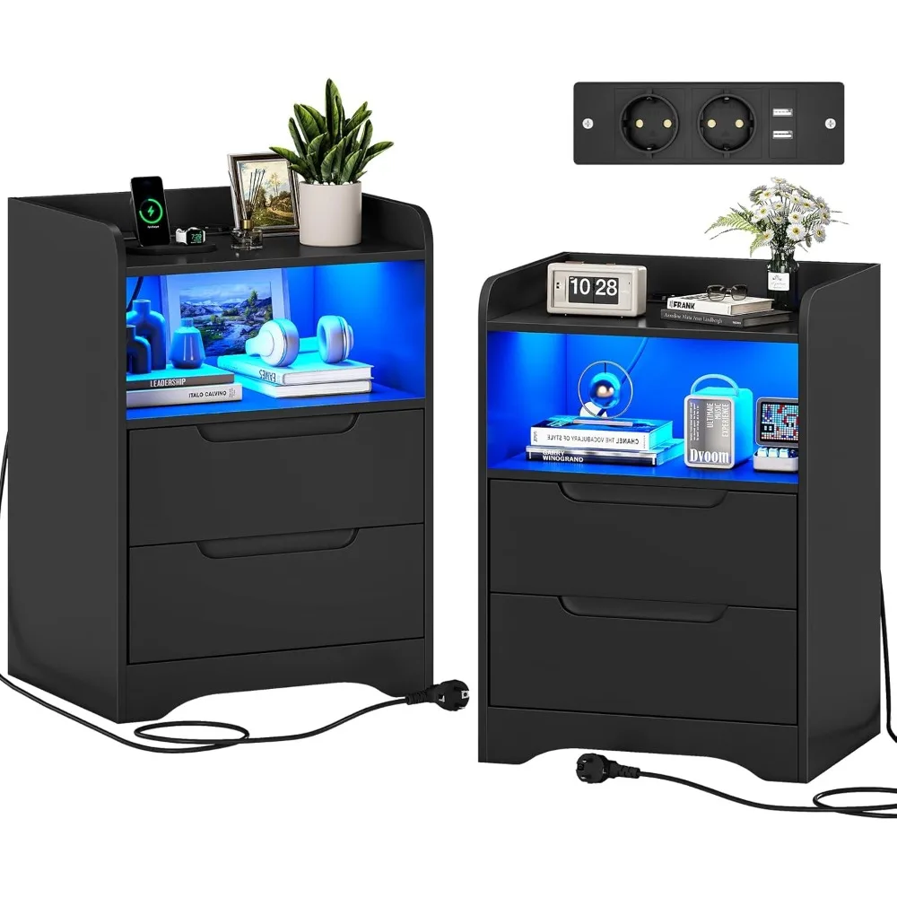 Chevet Lot 2 avec lumières LED et multiprise (2 prises CA, 2 ports USB) Table Nuit Lot 2 avec 1 compartiment Ouvert