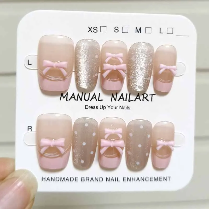 10 Stück modische rosa Schleife für Mädchen mit Katzenaugen-Diamanten, schlicht und elegant, mittellang, zum Aufdrücken der Nägel, künstliche Nägel, Nagelspitzen