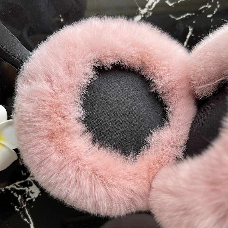 Real Rex Rabbit Fur Earmuffs for Women Winter Headphones Soft Warm Cable Furry Rabbit Fur Ear Covers for Cold Weather