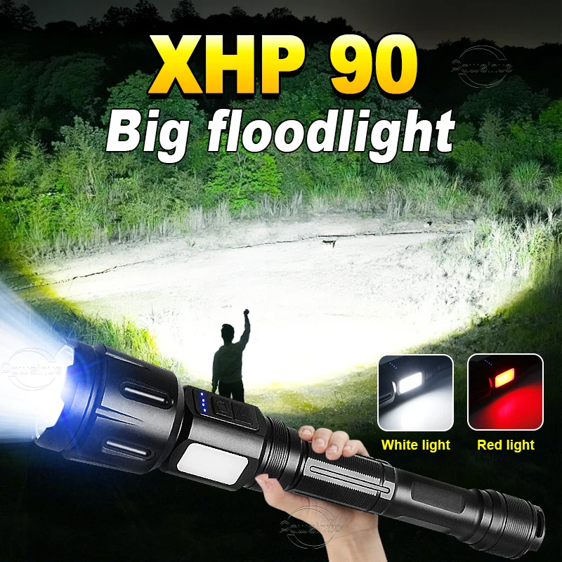 XHP90 Powerful Military Flashlight With Zoom Army Tactical Flash Light Rechargeable Mini Torch Light Camping Lamp