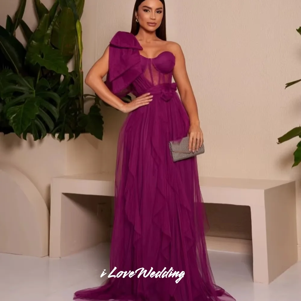 Синее вечернее платье на одно плечо 2025 с бантом в форме сердца, без рукавов, с открытой спиной, трапециевидной формы длиной до пола, плиссированное свадебное платье по индивидуальному заказу