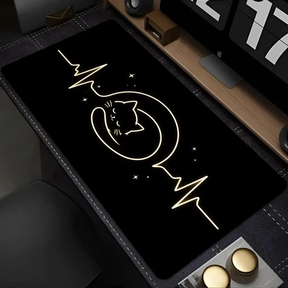 Cute Neon Cat Heartbeat Large Desk Mat Minimal Kitten ECG Neon Glow Line Art Black Style Mousepad for Laptop PC Game Office